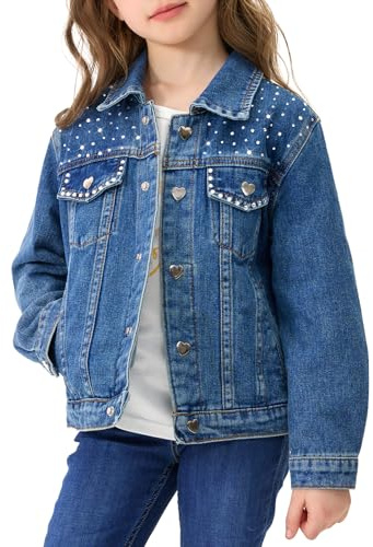 Miipat Chaqueta Vaquera para Niñas con Ristones Brillantes, Chaqueta de Mezclilla para Niña Pequeña de Botones y Bolsillos(Jeans Azul,5-6 Años)