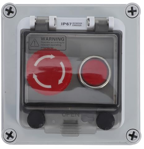 LOORGVEL Scatola per Interruttore a Pulsante con Coperchio Trasparente, Pulsante di Arresto Emergenza Rosso, Manopola di Controllo, Plastica Resistente, per Uso Esterno e Industriale