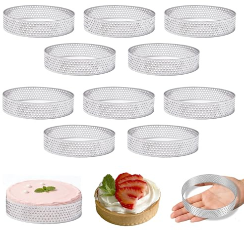CAAGGMM mousse tartelettformar, 10 stycken 10 cm rostfritt stål dessert mousse ring med hål, tårtringar, dessertringar, rundskriv, tartelettformer, för tårtor, pizzor muffins