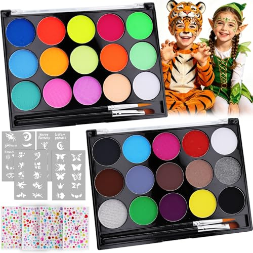 Peinture Corporelle pour Le Visage, 30 Couleurs Palette de Maquillage Enfants, Peinture Visage avec 4 Pinceaux, 40 Pochoirs, Bodypainting, Peinture pour le Visage pour Halloween,Noël,Carnaval | Lavable pour enfants et adultes, maquillage visage pour enfants avec 4 pinceaux, 4 modèles de tatouages et 4 autocollants de