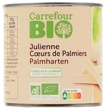 CARREFOUR BIO - Cœurs de Palmiers Sauvages Bio en Julienne - la boite de 250g net égoutté - 400g - Le Lot De 4