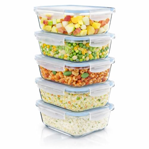 Arendo - Glas Lunchboxen Frischhaltedosen für Lebensmittel mit Deckel luftdicht - 5er Set - 1050 ml - für Mikrowelle Ofen Gefrierschrank - Spülmaschinen geeignet - Vorratsdosen Meal Prep Boxen Set
