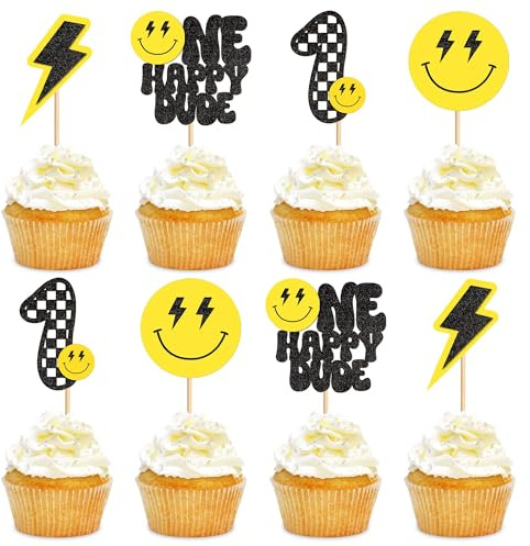 Blumomon 24 Stück One Cool Dude Kuchendekorationen Gesichts- und Blitz-Cupcake-Topper im Skateboard-Stil Cupcake Dekorationen für Skateboard-Partys