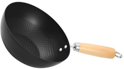 DOITOOL Piccolo Wok da Cucina in Ferro Nero, Manico in Legno, Antiaderente | Fornello a Legna e Fiamma Aperta, Uso Domestico Versatile, Impugnatura Ergonomica, Finitura Nera