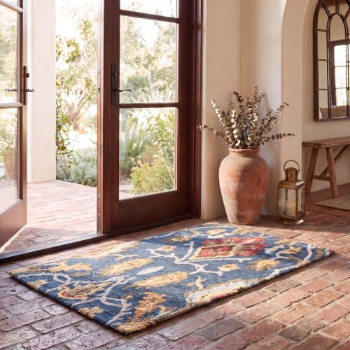 SAFAVIEH Blossom Collection Accent Rug - 2'3 x 4', Navy & Multi, Handmade Wool, Ideal for High Traffic Areas in Entryway, Living Room, Bedroom (BLM402A)