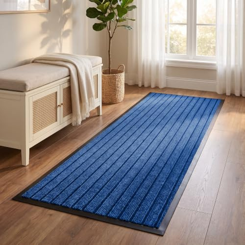 AMEHA Long Hallway Runner Rug, 80 x 300 cm, Blue Non-Slip Rubber Backing, Washable & Water Absorbent Mat