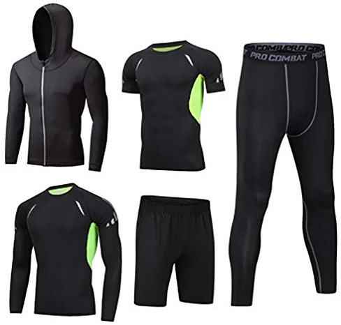 LucaSng Män 5 delar kompression funktionella underkläder sportkläder set, sportdräkt snabbtorkande jogging kläder tights löpkläder tröja gym träning löpning träningsoverall