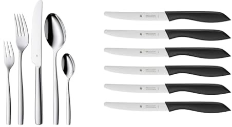 WMF Palma Besteck Set 12 Personen, Essbesteck 60 teilig Monobloc-Messer & Classic Line Frühstücksmesser Set 6-teilig 23 cm, Brötchenmesser Wellenschliff, Brotzeitmesser, schwarz