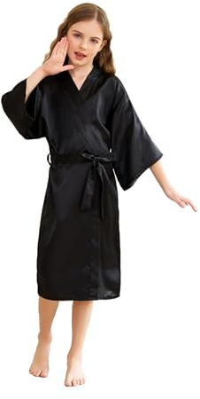CuteOn Kimono för barn, flickor, satin, silke, morgonrock, nattkläder, för spa, bröllop, födelsedagsfest, klänning, Svart, 7-9 Years