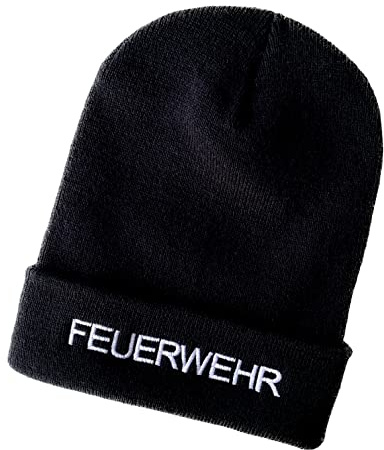 Schnoschi Strickmütze mit Breiten Umschlag (Beanie Mütze) mit Feuerwehr Bestickt für Herren, Damen, Jugendliche und Kinder