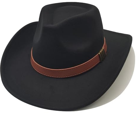 Willheoy Cowboy Hut Herren Damen Westernhut Kostüm Cowgirl Hut Unisex Cowboyhüte Schwarz Breiter Krempe mit Lederband für Erwachsene