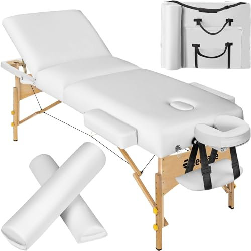 tectake® Mobile Massageliege mit 3 Zonen, klappbar, mit 7,5 cm Polsterung, bis 250 kg belastbar, Massagebank mit Zubehör Tasche, Voll- und Halbrolle, mobiles Möbel für Massage - weiß
