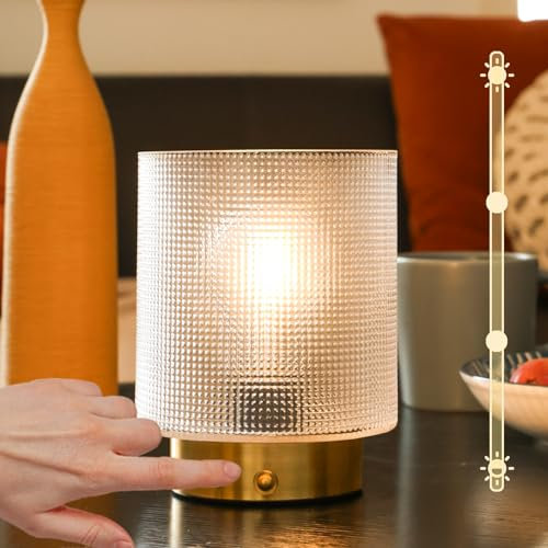 MJ Wiederaufladbare kabellose Tischlampe, Glas Akkulampe für Schlafzimmer, dimmbare kleine Touch Lampe für Wohnzimmer Nachttisch Home Decor (klar)