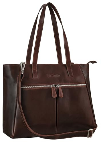 STILORD Madeleine Große Umhängetasche Damen Leder Vintage Schultertasche Elegante Businesstasche für 13,3 Zoll Laptops Leder Handtasche Arbeitstasche Echtleder Farbe:Bourbon - braun