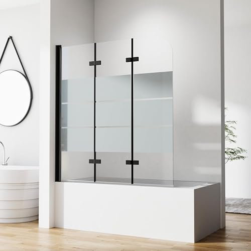 Goezes 3-teilig Duschwand für Badewanne 140x140 cm Faltbar Schwarz Duschabtrennung, Gestreift Glas Badewannenaufsatz Duschtrennwand aus 6mm ESG Sicherheitsglas, 140 cm Faltbare Badewannenwand