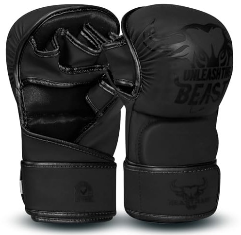 BEAST RAGE MMA Gloves for Men Women,Adjustable Wrist Support Open Palm Martial Arts Mitts Grappling Sparring for Muay Thai Cage Fighting Combat Taekwondo Kickboxing Boxing Training (Black, S/M)