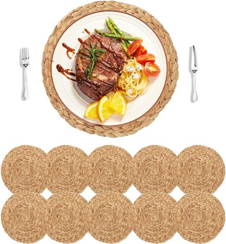 GUDAGUU Set di 6 tovagliette rotonde intrecciate in giacinto d'acqua naturale, tovagliette in paglia intrecciata, per tavoli da pranzo (10, 35 cm)