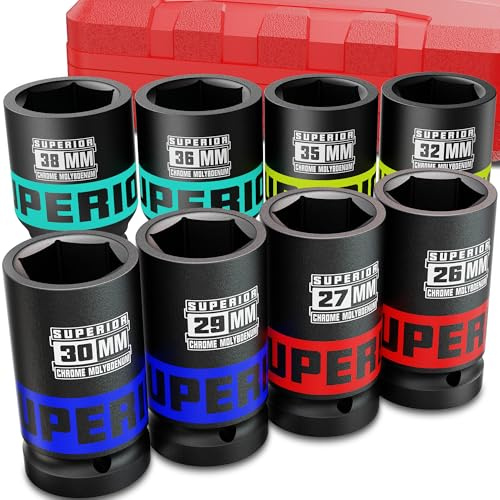 KIRXST Douilles à Choc 3/4, Coffret de 8 Douilles Métriques 26-38 mm, Douilles Profondes Impact pour la Réparation Automobile et le Remplacement des Pneus
