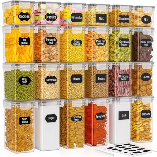 PurKeep 24 Pack Food Storage Containers - 33.6L, Airtight Kitchen Storage for Cereal, Flour, Sugar & Baking Supplies with 24 Labels, 3 Szie