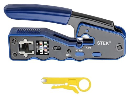 RJ45 Pass through Crimper Tool Ethernet Network Crimping tool Cat5e Cat6a Cat7 Cat8 8P8C End Pass-Thru Modular Connector Ethernet Wire Crimper Tool, All-in-one RJ45 Cable Wire Stripper Cutter Crimping