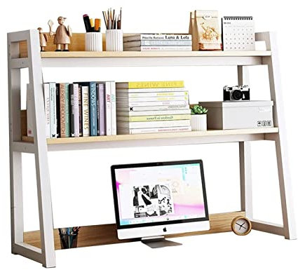 2-stöckiges Schreibtisch-Bücherregal für Computertische – Mehrzweck-Bücherregal für die Arbeitsplatte, Leiterregal mit Stahlrahmen, Bücherregal für Computer-Schreibtisch, Aufbewahrungsregal für das