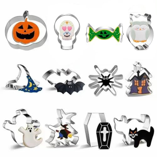 OUQIWEN Halloween Ausstechformen Set,11 Stück Halloween Keksausstecher,Geist, Fledermaus, Kürbis,Hexenhut Edelstahl Plätzchen Ausstechformen