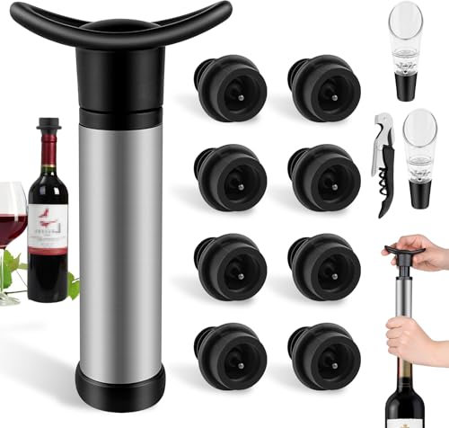 GZLFH 12 stk Wein Vakuumpumpe mit 8 Stopfen, 1 Flaschenöffner und 2 Dekantierausgießer, Weinpumpe Weinverschluss Wiederverwendbar, Weinflaschenverschluss Hält Wein Frisch