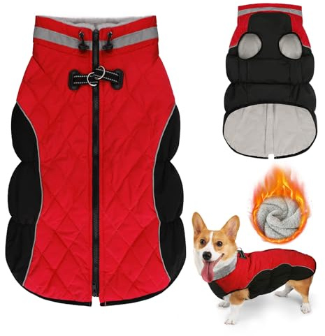 Lyneun Hundejacke Winter Wasserdicht, Warm Weich Winddicht Hundemantel mit Geschirr, Reflektierend Hunde Wintermantel mit Reißverschluss Verstellbarer Schnalle für Kleine Mittelere Hunde (Rot, XL)