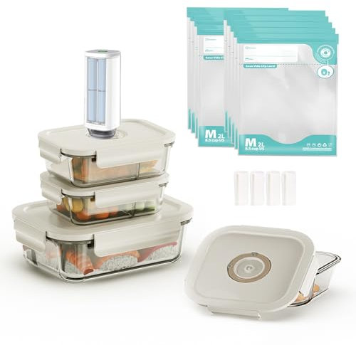 18 PCS Electric Vacuum Sealer, Borosilicate Glass Food Storage Containers, Premium Airtight, Portable Mini Vacuum Pump with 3 Containers, 10 Reusable Food Saver Sealer Bags,4 Sealing Clips