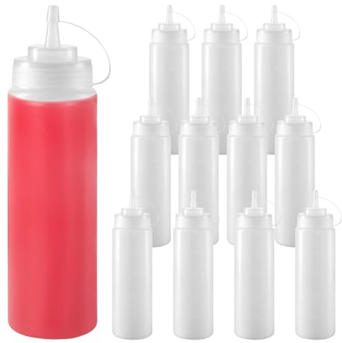 FUNSUEI 12 PCS 500ml Squeeze Sauce Bottles with Scale, Plastic Squeeze Bottles with Caps and Nozzles, 16oz Condiment Dispensers for Ketchup, BBQ, Syrup, Dressings