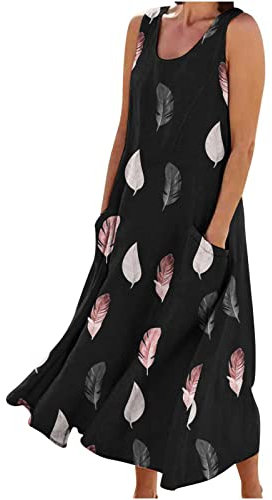 OVARA Women's Bohemian Dresses Summer Sleeveless Midi Dress Casual Linen Loose Beach Dress Ladies Tunic Tank Dresess with Pockets