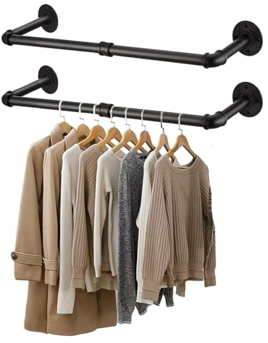 HTRTRR 2 Stück 40cm Wandmontierte Kleiderstange – Schwarze Metall Wandgarderobe im Industrie Design – Platzsparende Kleiderhalterung für Schlafzimmer, Flur, Geschäft