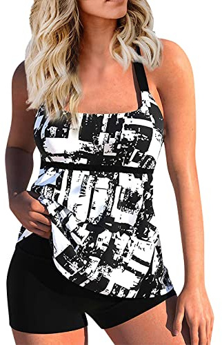 uxxnjfg Costume Donna Due Pezzi Tankini Donna Mare Curvy Taglie Forti Beach Costumi Vita Alta Mestruale Push Up Bikini Contenitivo Eleganti Beachwear Tankini Top Piscina Swimwear(Nero,4XL)