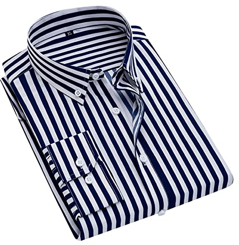 EQWIGKEIT Chemise rayée boutonnée pour homme - Coupe droite - Infroissable - Chemise d'été basique à manches longues - Col montant - Chemise d'affaires, bleu ciel, 3XL