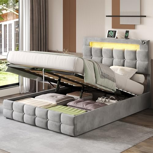 Laxnb Double Bed 4ft6 Ottoman Upholstered Bed Frame 135x190 cm with Hydraulic Storage, Adjustable Headboard with LED Lighting and Charging Station, LED Bed Frame with Slats, No Mattress, Velvet Grey