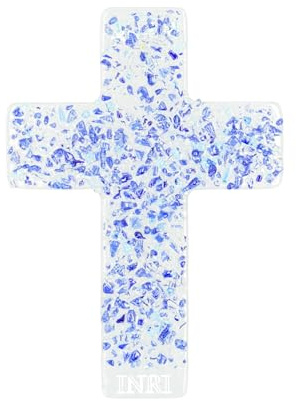 Lantelme Fusingglas Wandkreuz mit INRI Gravur zum Aufhängen Farbig Blau 25cm x 19cm | Glas Kruzifix Fusing als Geschenk zur Firmung Geburt Kommunion Taufe Dekoration | Glas Kreuz (Blau)