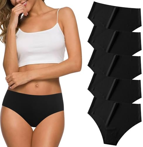 Risipu 5 Pack Seamless Underwear for Women No Show Hipster Bikini Panties Mid Rise Cheeky Breathable Soft Invisible Briefs (UK, Alpha, XS, Regular, Regular, Black)