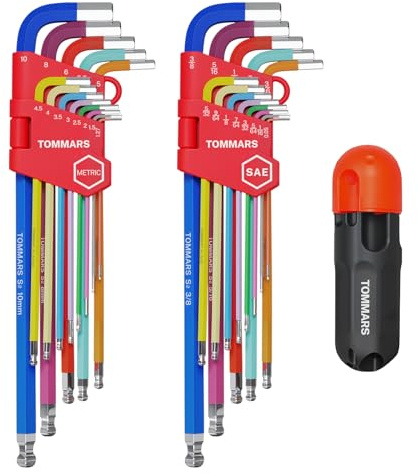 TOMMARS 26-PC Allen Wrenches Set Magnetic Ball End Extra Long Arm Allen Key Set With T-Handle Color Coded Hex Key Set SAE(0.05-3/8) Metric(1.27mm-10mm)