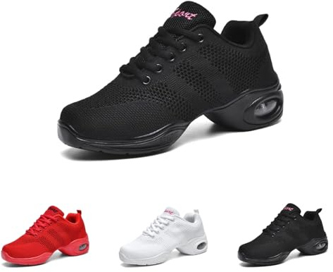 Womens Jazz Shoes,Dance Trainers for Women,Split Sole Dance Trainers Line Dancing Sneakers,Lace-Up Cushion Mesh Footwear,Sole Lightweight Breathable Lady Platform Sneakers Black