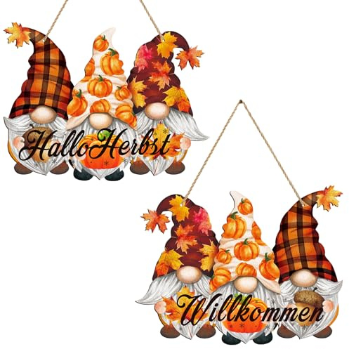 Herbstdeko zum Aufhängen, Herbstdeko tür Hängend und Fenster, Hallo Herbst Holz Deko Hänger, Willkommen Herbst Dekoration, Wichtel Deko, Herbstdekorationen für Thanksgiving und Halloween