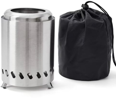 Tragbare Tisch-Feuerschale mit Ständer, inkl. 6 ausziehbare Grillspieße, Mini Outdoor Edelstahl Tischfeuer mit wenig Rauch, betrieben mit Pellets oder Holz, Perfekt für Camping & Garten(Silver)