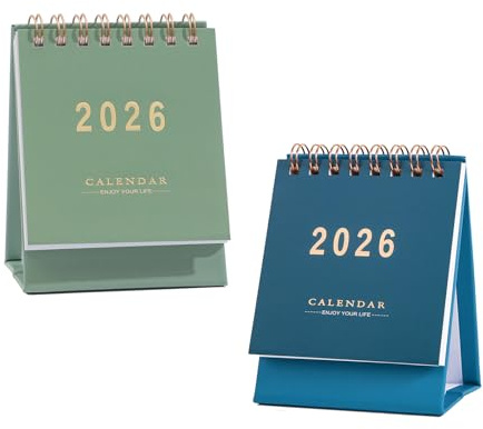 2 Pcs Mini Desk Calendar 2026,Standing Spiral Flip Desktop Calendar 2026,Mini New Monthly Small Pocket Calendar,for Home Office School (Blue/Green)