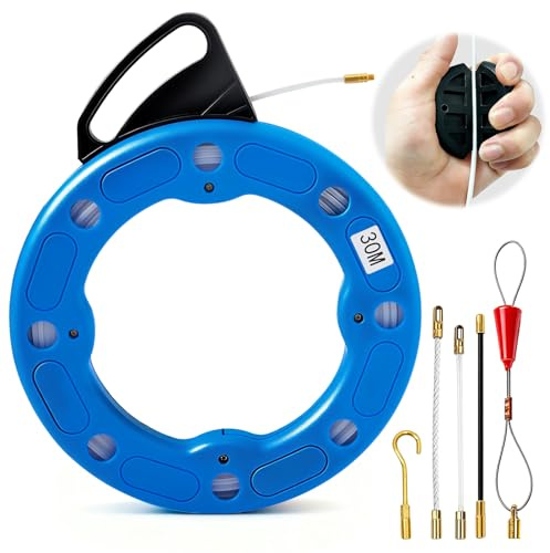 Sonda Passacavi 30 M, Tiracavi Elettrico Automatico Con 1 Tiracavi,1 Avvolgicavo,3 Testine Di Ricambio E 1 Gancio,Molla Di Tensione Da 4 Mm Per Lavori Elettrici E Di Cablaggio,Blu