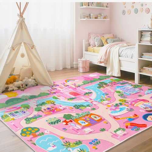 Arroganttiom Pink Kids Rug for Playroom, Castle Design Bedroom Carpet, Ultra Soft Short Pile Toddler Play Mat, Machine Washable Non-Slip Baby Girls Playmat Road Rugs for Nursery Room Decor, 3x4ft
