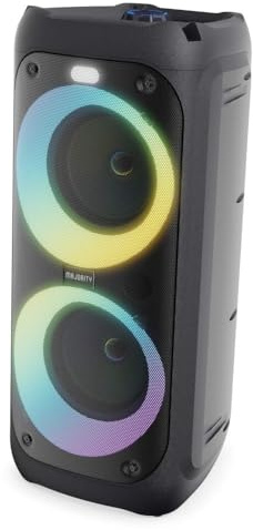 Majority P200 Bluetooth Party Speaker, 100W, Portable, LED Party Lights, Karaoke Microphone, Black, 5.0 Bluetooth, 3.5mm RCA, Dual 4 Drivers
