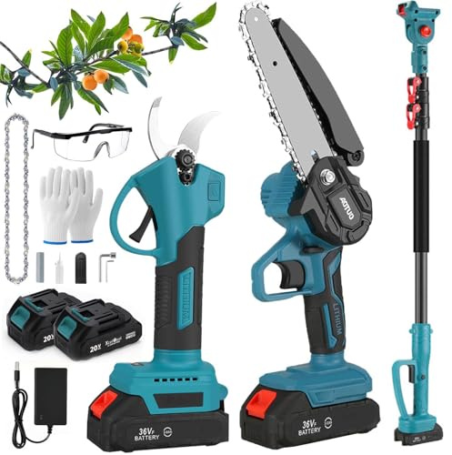Potatore Elettrico Telescopico 3-in-1 Senza Fili – Strumento di Potatura 600W con Asta Regolabile 1,25–2m, Sega a Mano 6 Pollici, 2 × Batterie al Litio 3,0Ah per Alberi e Arbusti da Giardino