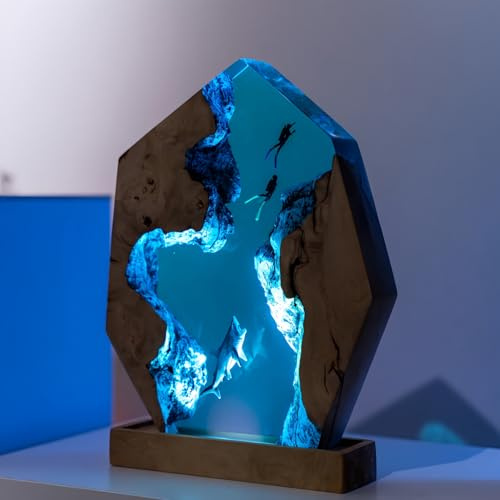 Drawelry Lámpara de Noche Oceánica en Resina Epoxi, Escultura 3D de Animales Marinos Orca Tortuga Ballena con Base de Madera, Luz LED Ambiental para Decoración del Hogar, Regalo Creativo Único (A10)