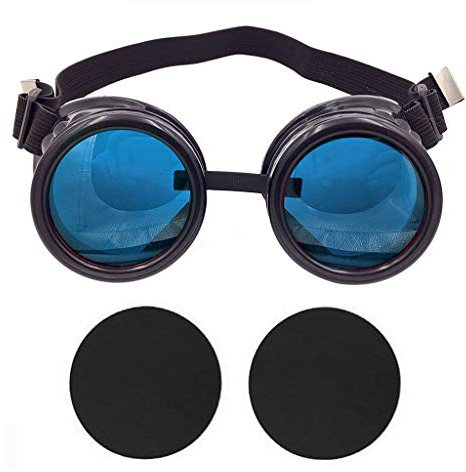 TamBee New Colored Diamond Lens Vintage Steampunk Goggles Glasses Welding Black With Blue Rechangeable Lens Halloween Face Mask