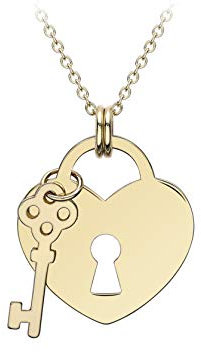 CARISSIMA Women's 9ct Yellow Gold Adjustable Necklace - Heart Padlock and Key 4.7mm x 15.9mm - Lenght 41cm/16-43cm/17