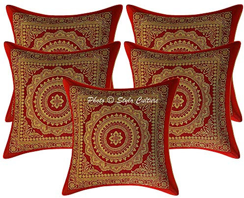 Stylo Culture Bohemio Fundas De Almohadones Decorativa 30x30 cm Brocado De Seda Mandala Forros para Cojines Sofa Granate 12x12 Inch Jacquard Cuadrado Cremallera Fundas Almohadones para Sillas - 5 Pcs